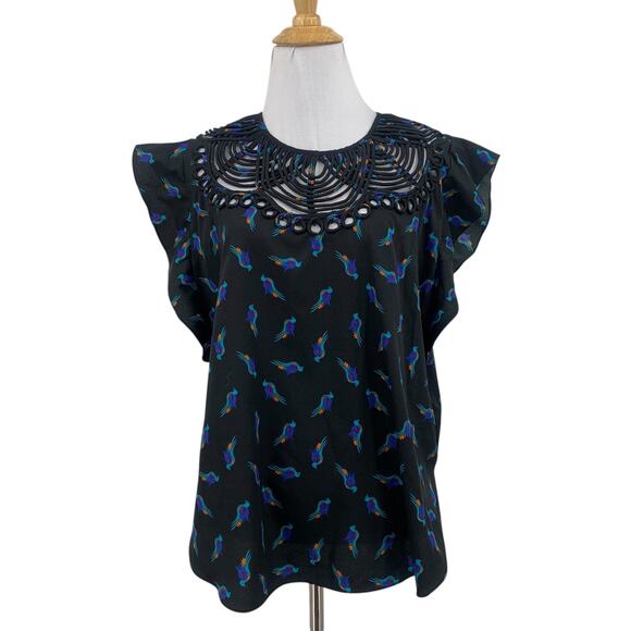 Ranna Gill Tops - Ranna Gill Blouse Womens S Small Black Birds Cutout Neckline Flutter Sleeve Top